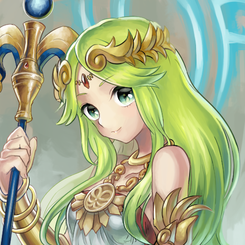 1girl chain commentary_request diadem dress forehead_jewel gold_chain green_eyes green_hair holding holding_staff jewelry kid_icarus kid_icarus_uprising laiku_n looking_at_viewer lowres palutena pendant solo staff strapless strapless_dress upper_body vambraces
