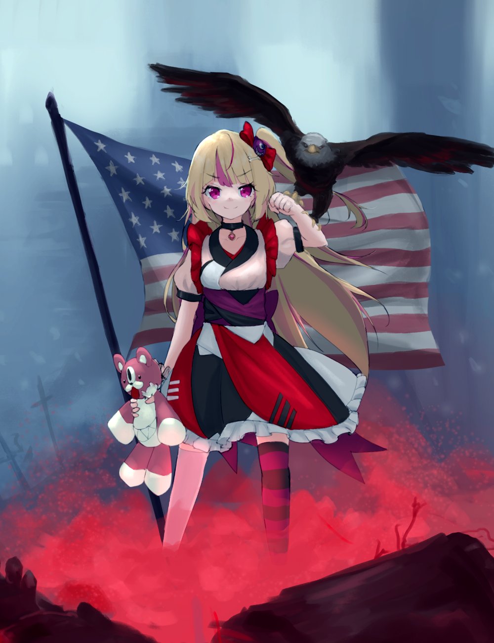 1girl ambiguouscyborg american_flag animal_on_arm ashley_taylor asymmetrical_legwear bald_eagle bird bird_on_arm black_choker black_dress black_thighhighs blonde_hair bone_hair_ornament bow choker closed_mouth commentary doll dress eagle english_commentary feet_out_of_frame hair_bow hair_ornament hand_up highres holding holding_doll long_hair looking_at_viewer magia_record:_mahou_shoujo_madoka_magica_gaiden mahou_shoujo_madoka_magica mismatched_legwear mixed-language_commentary multicolored_clothes multicolored_dress multicolored_hair one_side_up patriotism pendant_choker pink_eyes pink_hair pink_thighhighs puffy_short_sleeves puffy_sleeves purple_sash purple_thighhighs red_bow red_dress sash short_sleeves smile solo standing streaked_hair striped striped_thighhighs thigh-highs two-tone_thighhighs v-shaped_eyebrows white_dress
