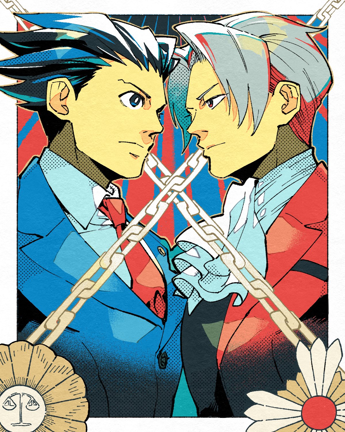 2boys ace_attorney ascot black_eyes black_hair black_vest blue_background blue_jacket chain closed_mouth collared_shirt grey_hair highres jacket male_focus miles_edgeworth multiple_boys necktie phoenix_wright red_background red_eyes red_jacket red_necktie shino_(shino_dgs) shirt short_hair two-tone_background upper_body v-shaped_eyebrows vest white_ascot white_shirt