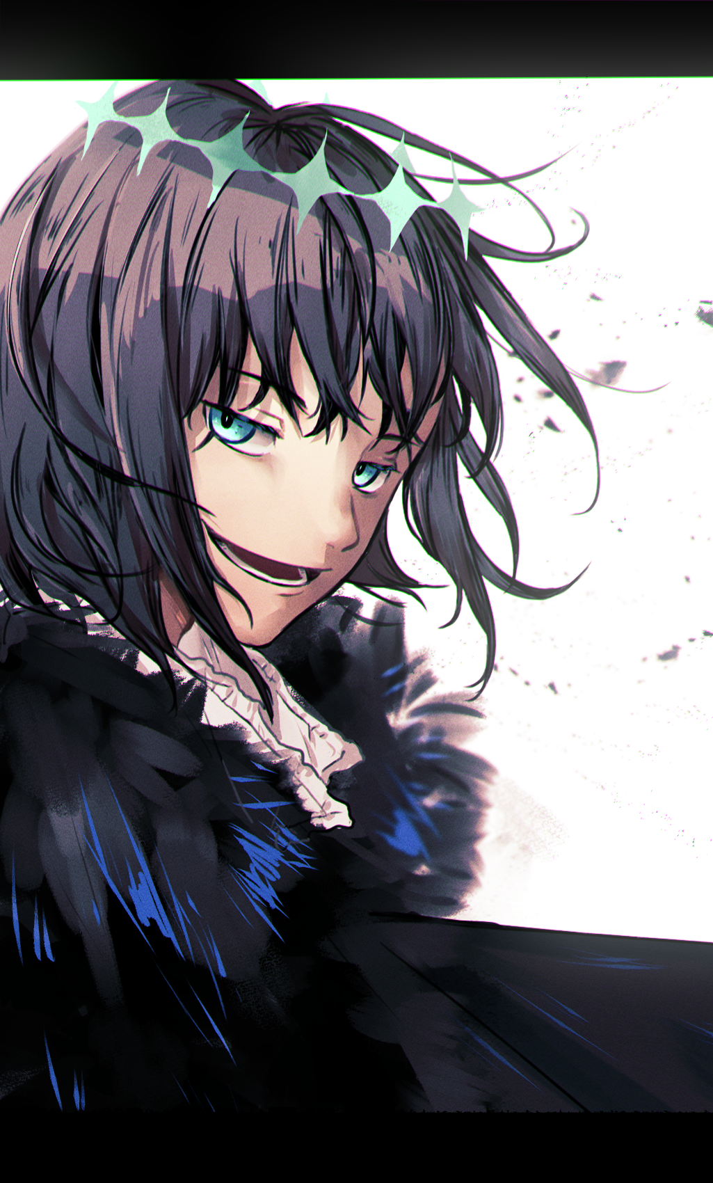 1boy blue_eyes cape diamond_hairband eiki_(eikityou_55) evil_grin evil_smile fate/grand_order fate_(series) frilled_shirt_collar frills fur-trimmed_cape fur_trim grey_hair grin highres letterboxed looking_at_viewer lower_teeth_only male_focus oberon_(fate) oberon_(third_ascension)_(fate) shirt short_hair simple_background smile solo teeth upper_body white_shirt
