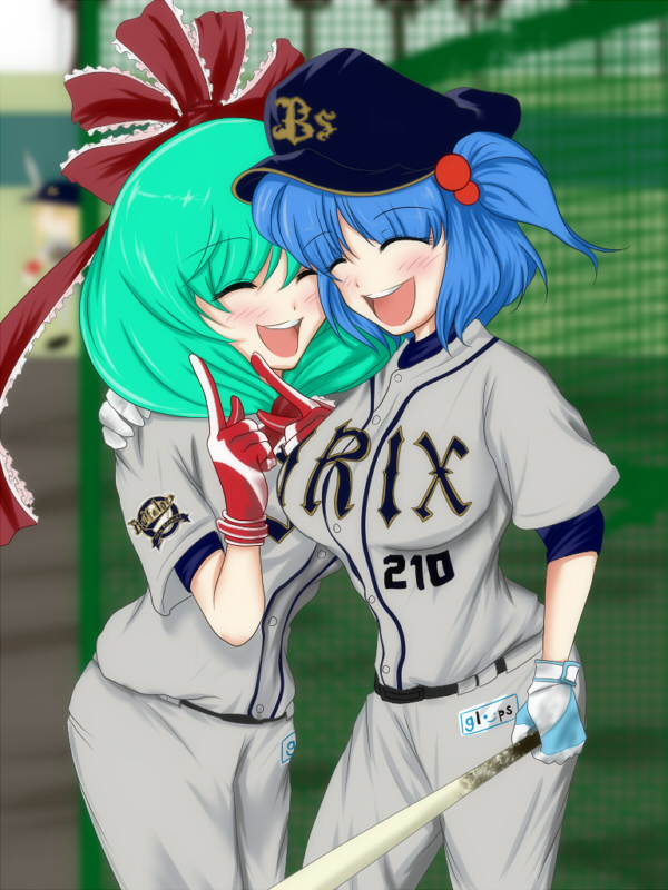 2girls baseball baseball_bat baseball_mitt baseball_uniform blue_gloves blurry blurry_background closed_eyes cowboy_shot front_ponytail gloves green_hair hand_on_another's_shoulder holding holding_baseball_bat hrsksnk_is_my_hero kagiyama_hina kawashiro_nitori multiple_girls open_mouth outdoors pants puffy_short_sleeves puffy_sleeves red_gloves shirt short_sleeves sportswear touhou two-tone_gloves white_pants white_shirt
