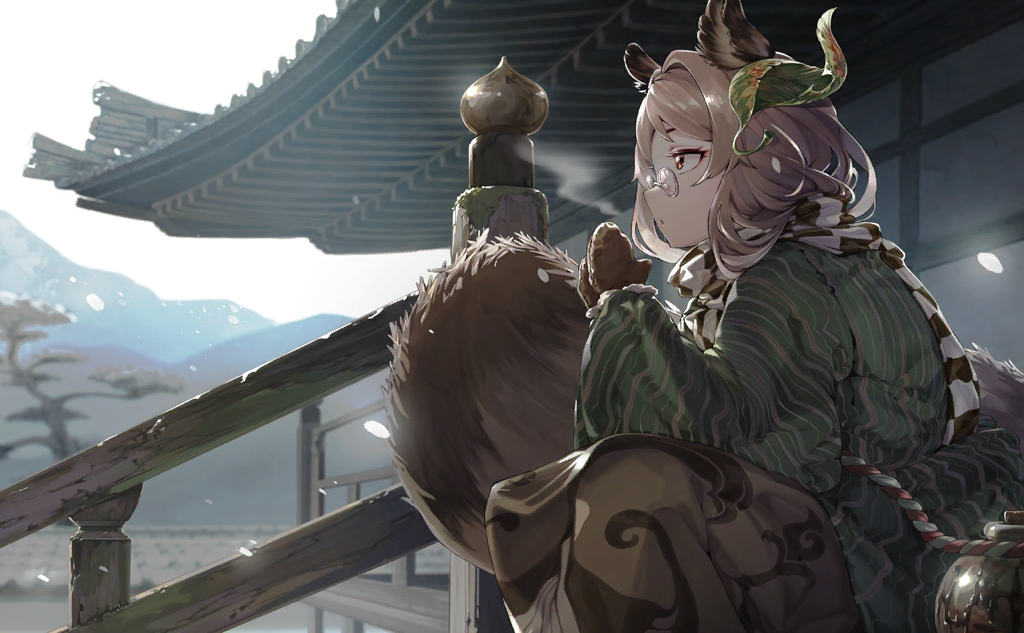 1girl animal_ears architecture artist_request black_scarf breath brown_eyes brown_hair brown_mittens brown_pants check_artist checkered_clothes checkered_scarf east_asian_architecture eyelashes from_side fur-trimmed_mittens futatsuiwa_mamizou game_cg gen_(enji) glasses green_jacket haori jacket japanese_clothes leaf leaf_on_head long_sleeves looking_ahead mittens mountainous_horizon official_art outdoors own_hands_together pants parted_lips raccoon_ears raccoon_tail railing round_eyewear scarf short_hair sitting sky snowing solo striped striped_jacket tail touhou touhou_cannonball tree two-tone_scarf veranda vertical-striped_jacket vertical_stripes white_scarf white_sky wide_sleeves