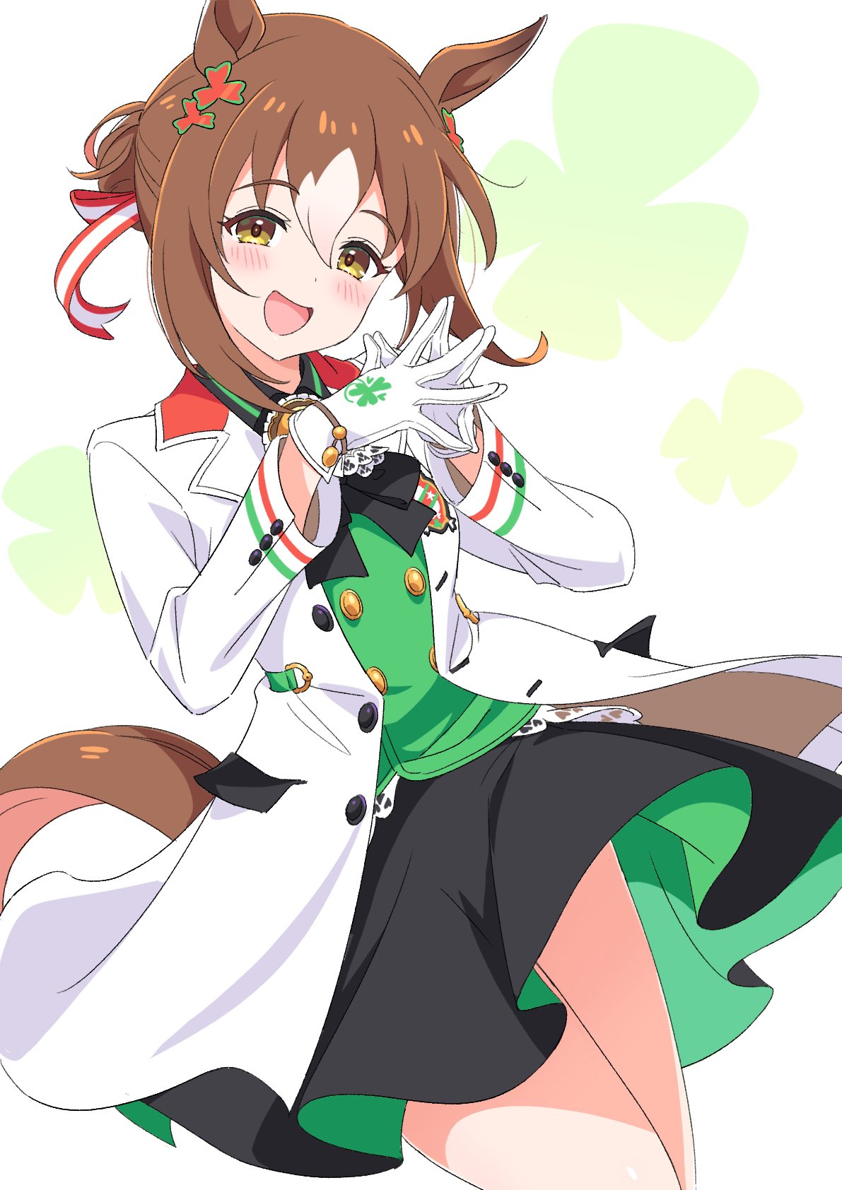 1girl animal_ears blush breasts brown_hair clover_hair_ornament commentary_request fine_motion_(umamusume) folded_ponytail gloves green_eyes hair_between_eyes hair_ornament highres horse_ears horse_girl horse_tail kamuraaa_615 looking_at_viewer open_mouth own_hands_clasped own_hands_together simple_background small_breasts solo tail umamusume white_background