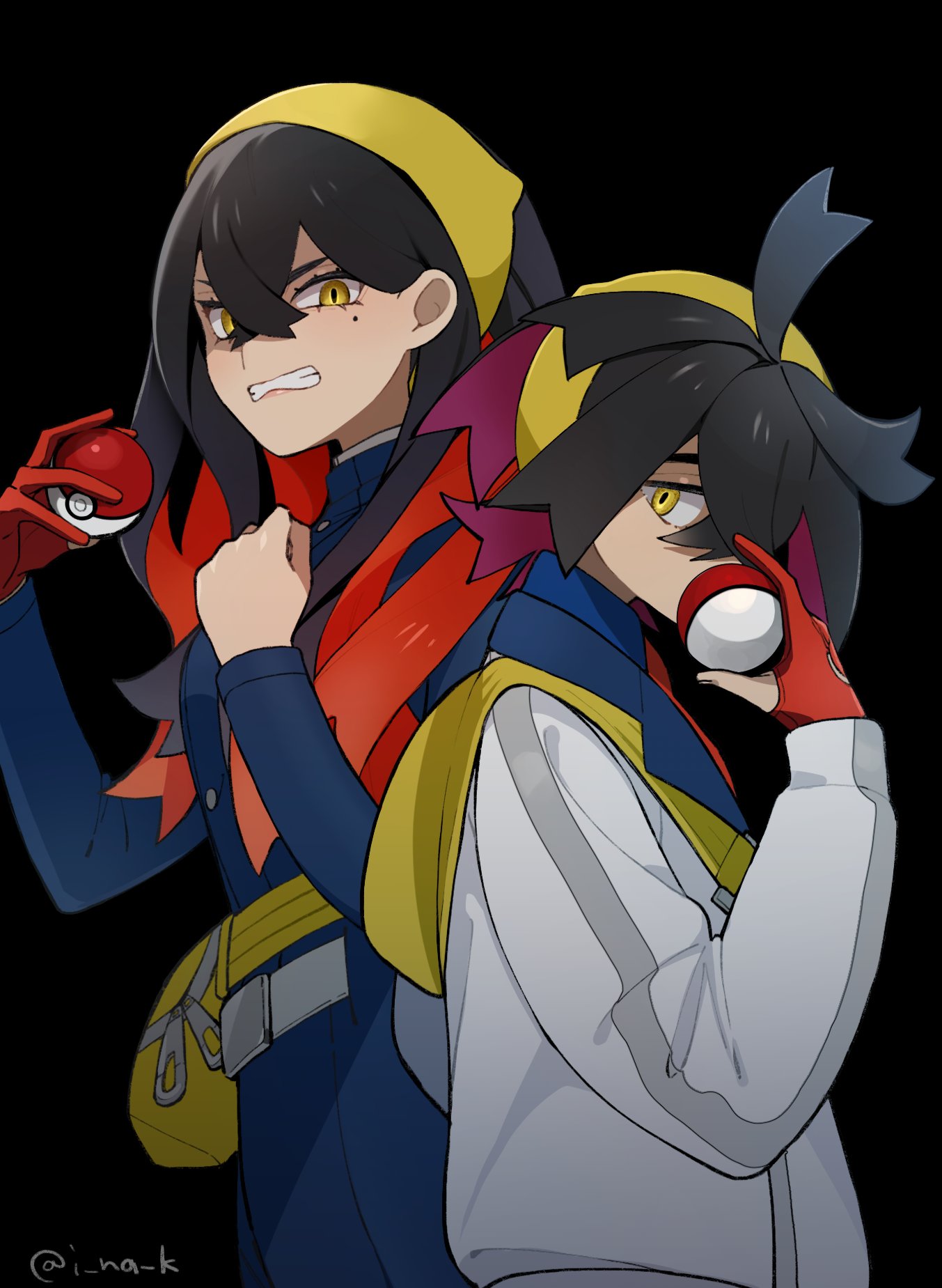 1boy 1girl angry antenna_hair artist_name bag black_background black_hair blue_gakuran blue_jacket blue_shirt brother_and_sister carmine_(pokemon) clenched_hand clenched_teeth commentary_request covering_mouth crossed_bangs eyelashes fanny_pack gakuran gloves hair_between_eyes hairband hand_up hands_up highres holding holding_poke_ball jacket kieran_(pokemon) long_hair long_sleeves looking_at_viewer mole mole_under_eye multicolored_hair partially_fingerless_gloves pluto11sco poke_ball poke_ball_(basic) pokemon pokemon_(game) pokemon_sv purple_hair red_gloves redhead school_uniform shaded_face shirt short_hair siblings sidelocks simple_background single_glove standing teeth twitter_username two-tone_hair v-shaped_eyebrows white_jacket yellow_bag yellow_eyes yellow_hairband zipper zipper_pull_tab