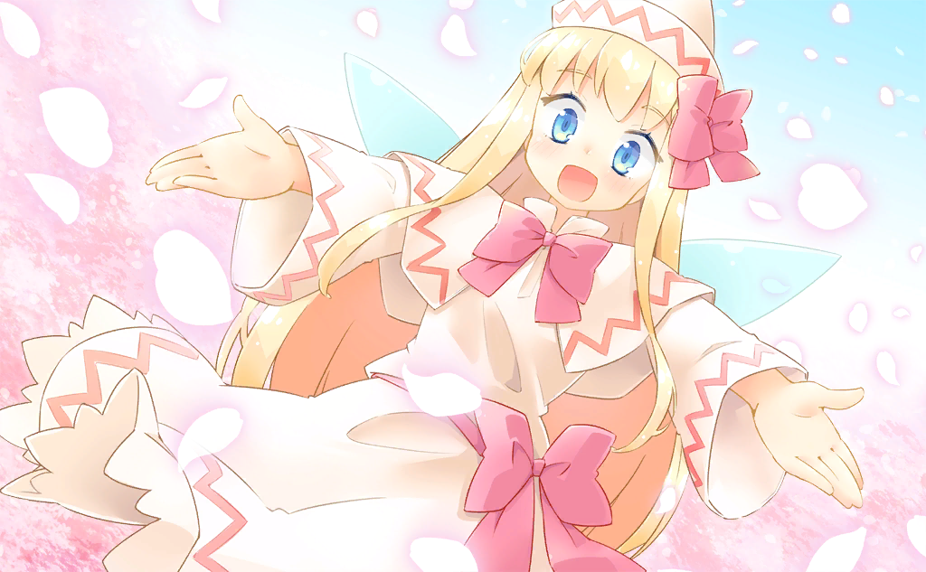 1girl arnest blonde_hair blue_eyes blue_sky bow bowtie capelet cherry_blossoms clothes_lift collared_capelet dress dress_lift eyelashes frilled_dress frills game_cg hair_bow hat light_blush lily_white long_hair looking_at_viewer medium_dress official_art open_mouth outdoors outstretched_arms petals pink_bow pink_bowtie sidelocks sky smile solo spring_(season) straight_hair touhou touhou_cannonball waist_bow white_capelet white_dress white_headwear