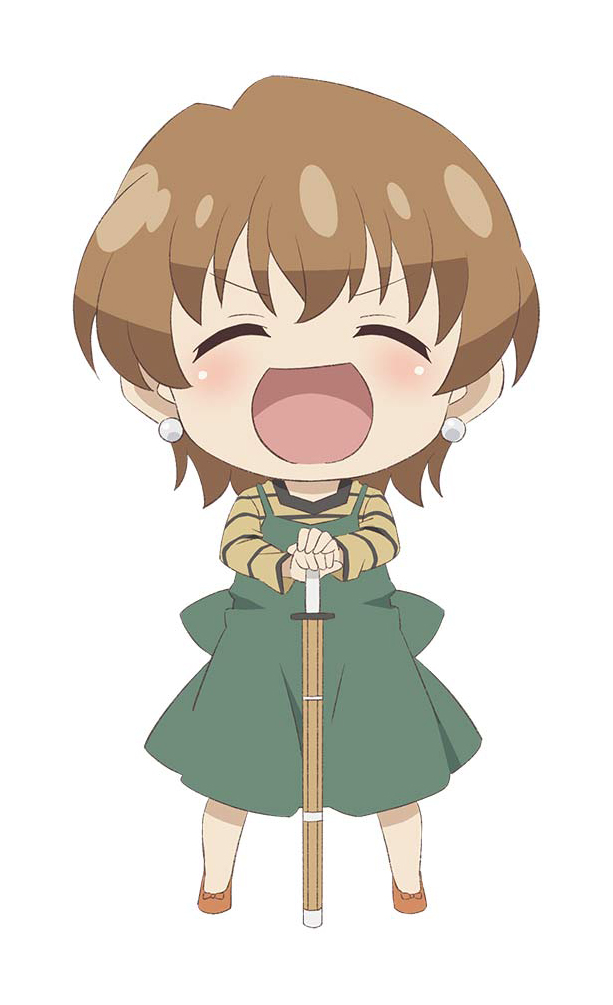 1girl apron blush brown_hair chibi closed_eyes commentary_request facing_viewer fate/kaleid_liner_prisma_illya fate_(series) fujimura_taiga full_body green_apron hair_between_eyes happy holding holding_weapon looking_at_viewer no_nose open_mouth orange_footwear shirt short_hair simple_background solo standing straight-on weapon white_background yellow_shirt