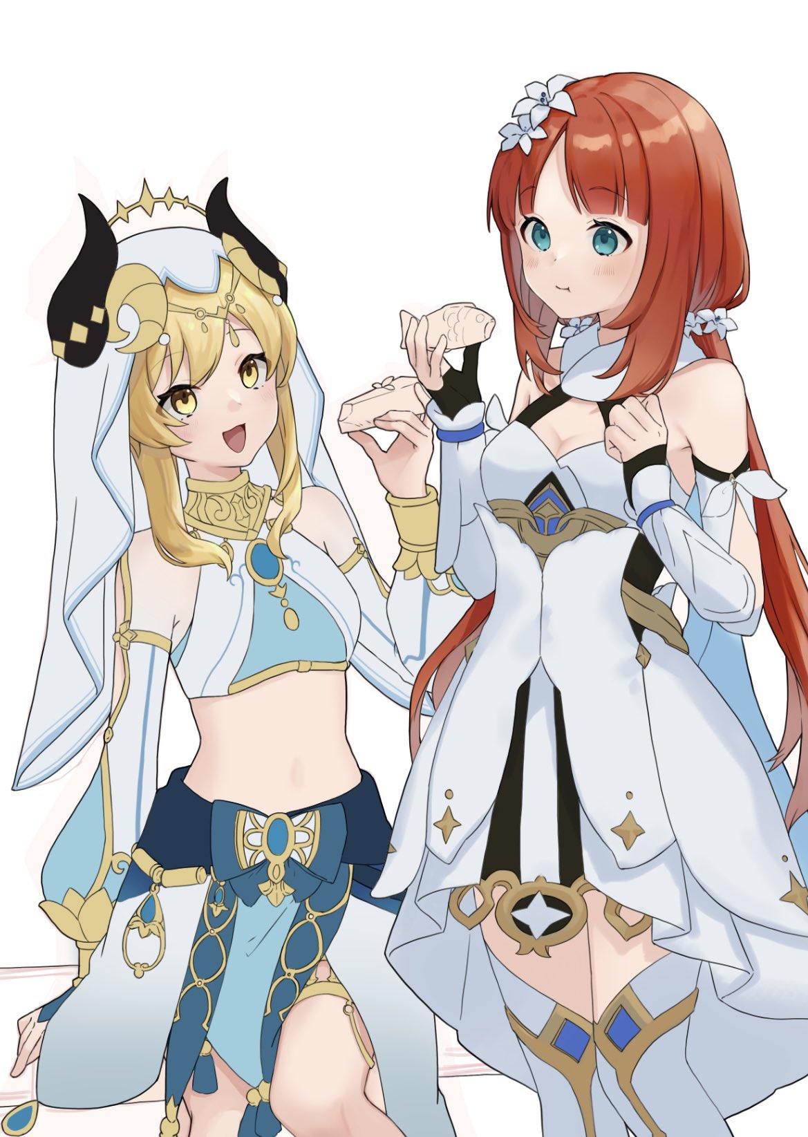 2girls bare_shoulders blonde_hair breasts cosplay costume_switch dress eating fake_horns flower food genshin_impact hair_between_eyes hair_flower hair_ornament highres holding holding_food horns jewelry long_hair long_sleeves lumine_(genshin_impact) lumine_(genshin_impact)_(cosplay) medium_breasts midriff multiple_girls nilou_(genshin_impact) nilou_(genshin_impact)_(cosplay) open_mouth redhead smile solo stomach twintails veil white_dress yellow_eyes yu_ri_0320
