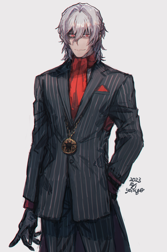 1boy antonio_salieri_(fate) antonio_salieri_(second_ascension)_(fate) ascot black_gloves black_suit commentary dated empty_eyes english_commentary fate/grand_order fate_(series) formal gloves grey_hair looking_at_viewer male_focus medallion oisyox72 pinstripe_pattern pinstripe_suit red_ascot red_eyes signature simple_background smile solo striped suit upper_body white_background