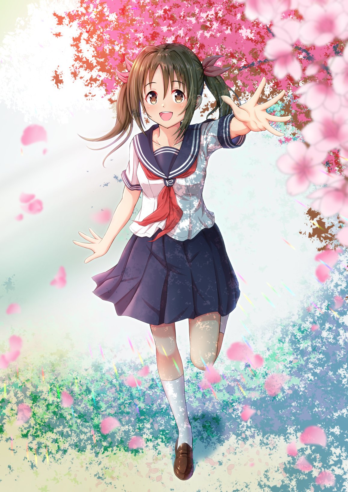 1girl blue_sailor_collar blue_skirt blurry blurry_foreground blush bow breasts brown_eyes brown_footwear brown_hair cherry_blossoms collarbone dot_nose falling_petals full_body hair_bow hair_ribbon hand_up highres idolmaster idolmaster_cinderella_girls idolmaster_cinderella_girls_starlight_stage imai_kana leg_up loafers long_hair looking_at_viewer medium_breasts nagmilk neckerchief on_grass open_hands open_mouth petals pink_ribbon pleated_skirt rainbow_gradient reaching reaching_towards_viewer red_neckerchief ribbon sailor_collar school_uniform serafuku shadow shirt shoes short_sleeves skirt smile socks solo standing standing_on_one_leg teeth twintails upper_teeth_only white_shirt white_socks