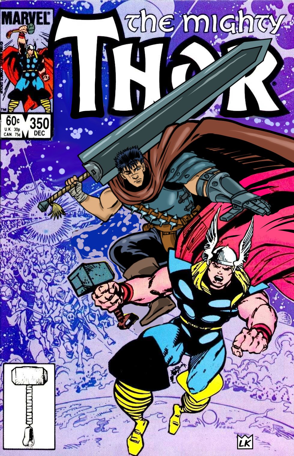 berserk blonde_hair brown_cape cape character_name cover crossover english_text fake_cover fantasy guts_(berserk) hammer highres holding holding_hammer larrykingundead marvel multiple_boys open_mouth prosthesis prosthetic_arm red_cape retro_artstyle scar scar_across_eye superhero thor_(marvel) yellow_footwear