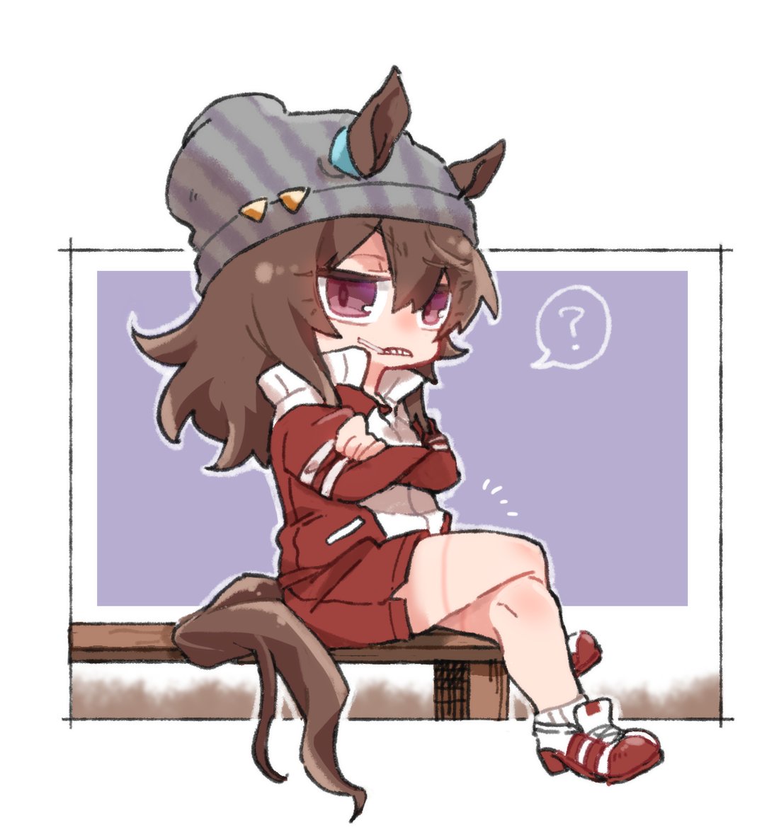 1girl ? animal_ears beanie beer_hsk brown_hair chibi clenched_teeth commentary_request crossed_arms crossed_legs ears_through_headwear full_body grey_headwear gym_shorts hair_between_eyes hat horse_ears horse_girl horse_tail jacket long_hair looking_at_viewer mouth_hold nakayama_festa_(umamusume) on_bench red_jacket red_shorts shoes shorts sitting socks solo spoken_question_mark tail teeth track_jacket umamusume violet_eyes white_background white_footwear white_socks