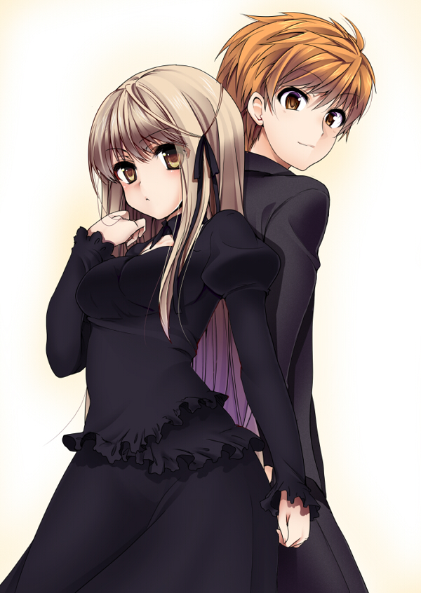 1boy 1girl :&lt; arm_at_side back-to-back black_dress black_ribbon blunt_bangs blush breasts cleavage_cutout closed_mouth clothing_cutout commentary couple cowboy_shot dress eyelashes eyes_visible_through_hair frilled_dress frilled_sleeves frills frown hair_between_eyes hair_ribbon hand_up hetero juliet_sleeves large_breasts light_brown_hair long_hair long_sleeves looking_at_viewer looking_back masayu official_alternate_costume orange_eyes orange_hair puffy_sleeves rewrite ribbon senri_akane short_hair sidelocks simple_background smile spiky_hair standing straight_hair tennouji_kotarou very_long_hair yellow_background yellow_eyes