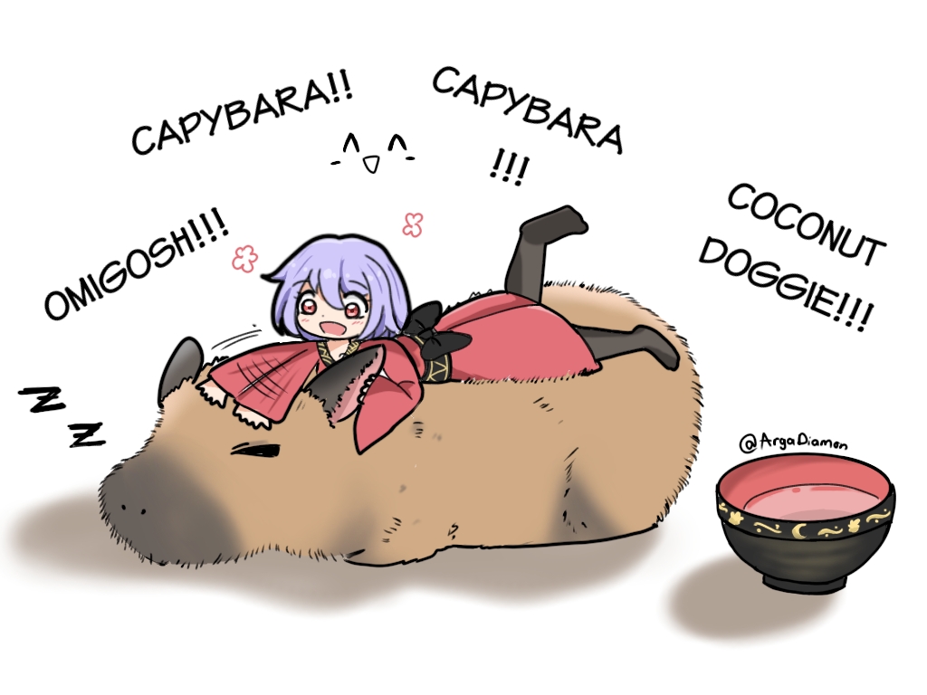 1girl afterimage black_pantyhose bowl capybara capybara_coconut_doggy_(meme) commentary diamon_arga english_commentary english_text full_body happy hat hat_removed headwear_removed japanese_clothes kimono long_sleeves looking_at_animal lying lying_on_animal meme mini_person minigirl no_shoes on_animal on_stomach open_mouth pantyhose petting purple_hair red_eyes red_kimono simple_background sleeping smile solo sukuna_shinmyoumaru touhou twitter_username white_background wide_sleeves zzz