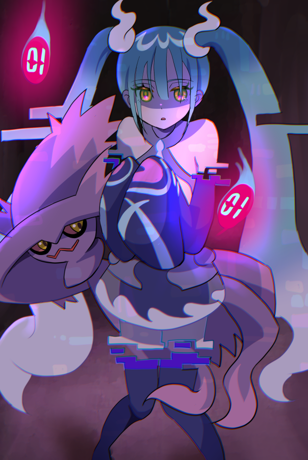 1girl bare_shoulders black_thighhighs ghost_miku_(project_voltage) glitch gradient_hair hatsune_miku long_hair looking_at_viewer mismagius mizuiro123 multicolored_hair open_mouth pokemon pokemon_(creature) project_voltage see-through see-through_skirt skirt sleeves_past_fingers sleeves_past_wrists thigh-highs twintails very_long_hair vocaloid will-o'-the-wisp_(mythology) yellow_eyes