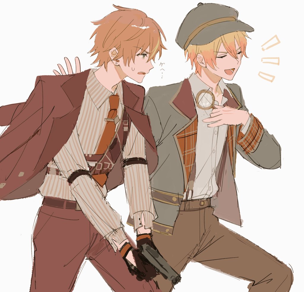2boys belt beni_tinn black_gloves blonde_hair brown_pants buttons collared_shirt cowgirl_position dress_shirt earrings gloves gradient_hair gun hand_on_own_chest holding holding_gun holding_magnifying_glass holding_weapon jacket jacket_on_shoulders jewelry lapels let's_study_hard!_(project_sekai) long_sleeves magnifying_glass male_focus multicolored_hair multiple_boys necktie notched_lapels notice_lines open_clothes open_collar open_jacket open_mouth orange_hair pants project_sekai red_necktie shinonome_akito shirt simple_background straddling streaked_hair tenma_tsukasa tie_clip two-tone_hair weapon white_background white_shirt