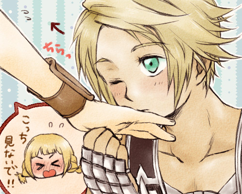 &gt;_&lt; 1boy 1girl arrow_(symbol) blonde_hair blue_eyes blunt_bangs blush bracelet braid chibi chibi_inset closed_eyes collarbone commentary_request couple cropped_head embarrassed final_fantasy final_fantasy_xii flying_sweatdrops holding_hands jewelry kiss kissing_hand light_brown_hair looking_at_another lowres male_focus one_eye_closed open_mouth penelo short_hair sobagaki_shinyo speech_bubble translation_request twin_braids upper_body vaan vest
