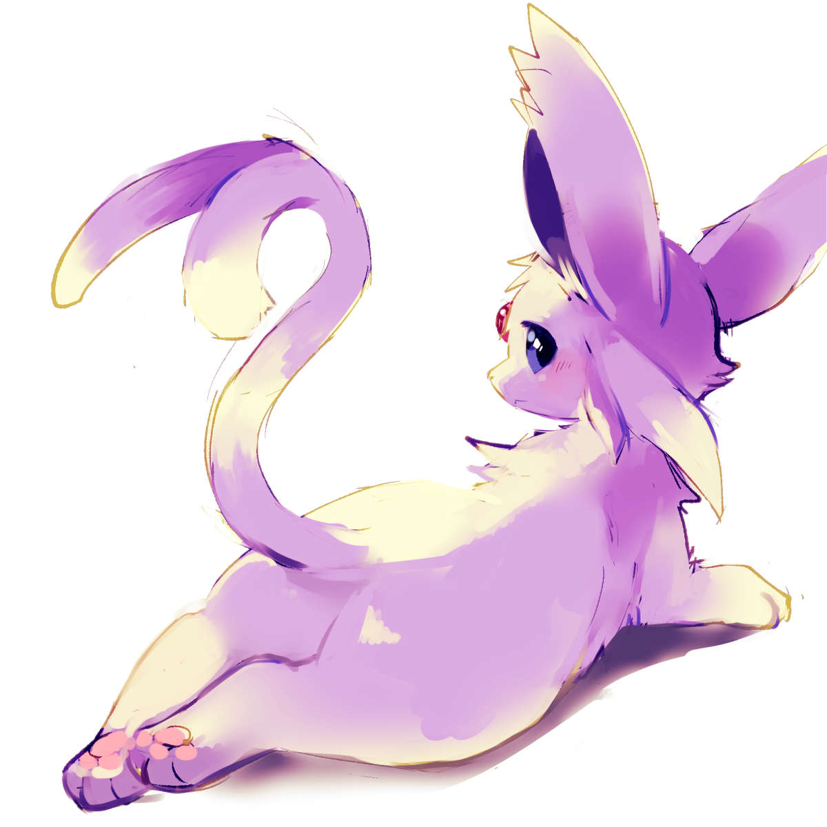 :&lt; animal_focus ass blush closed_mouth commentary_request espeon forehead_jewel forked_tail from_behind full_body gem highres looking_at_viewer looking_back lying no_humans on_stomach pawpads pokemon pokemon_(creature) red_gemstone simple_background solo tail tara_rebi violet_eyes white_background
