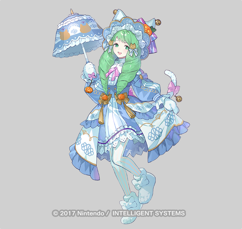 animal_ears animal_hands blue_dress bow cat_ears cat_paws cat_tail dress drill_hair fake_animal_ears fake_tail fire_emblem fire_emblem_heroes flayn_(fire_emblem) green_eyes green_hair hair_ornament hairclip halloween halloween_costume jack-o'-lantern official_alternate_costume open_mouth pants pink_bow striped striped_pants tail tobi_(kotetsu) turtleneck umbrella vertical-striped_pants vertical_stripes
