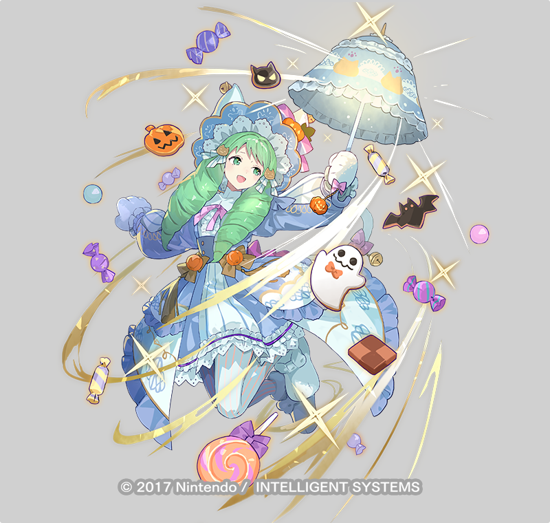 animal_ears animal_hands blue_dress bow cat_ears cat_paws cat_tail dress drill_hair fake_animal_ears fake_tail fire_emblem fire_emblem_heroes flayn_(fire_emblem) green_eyes green_hair hair_ornament hairclip halloween halloween_costume jack-o'-lantern official_alternate_costume open_mouth pants pink_bow striped striped_pants tail tobi_(kotetsu) turtleneck umbrella vertical-striped_pants vertical_stripes