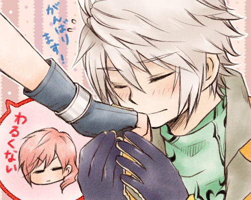 1boy 1girl blue_gloves blush bracelet chibi chibi_inset closed_eyes closed_mouth commentary_request couple cropped_head final_fantasy final_fantasy_xiii fingerless_gloves flying_sweatdrops gloves green_shirt grey_hair hair_between_eyes holding_hands hope_estheim jacket jewelry kiss kissing_hand lightning_farron lowres male_focus orange_jacket pink_hair shirt short_hair sobagaki_shinyo speech_bubble translation_request upper_body