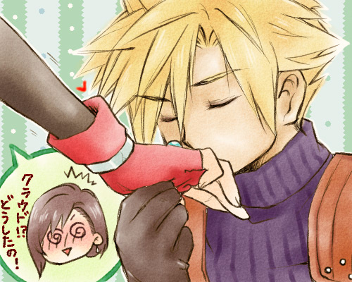 1boy 1girl @_@ black_sleeves blonde_hair blush brown_gloves brown_hair chibi chibi_inset closed_eyes cloud_strife commentary_request couple cropped_head detached_sleeves earrings embarrassed final_fantasy final_fantasy_vii fingerless_gloves gloves heart holding_hands jewelry kiss kissing_hand long_hair lowres male_focus materia open_mouth red_gloves ribbed_sweater short_hair single_earring sleeveless sleeveless_turtleneck sobagaki_shinyo speech_bubble spiky_hair sweater swept_bangs tifa_lockhart translation_request triangle_mouth turtleneck turtleneck_sweater upper_body
