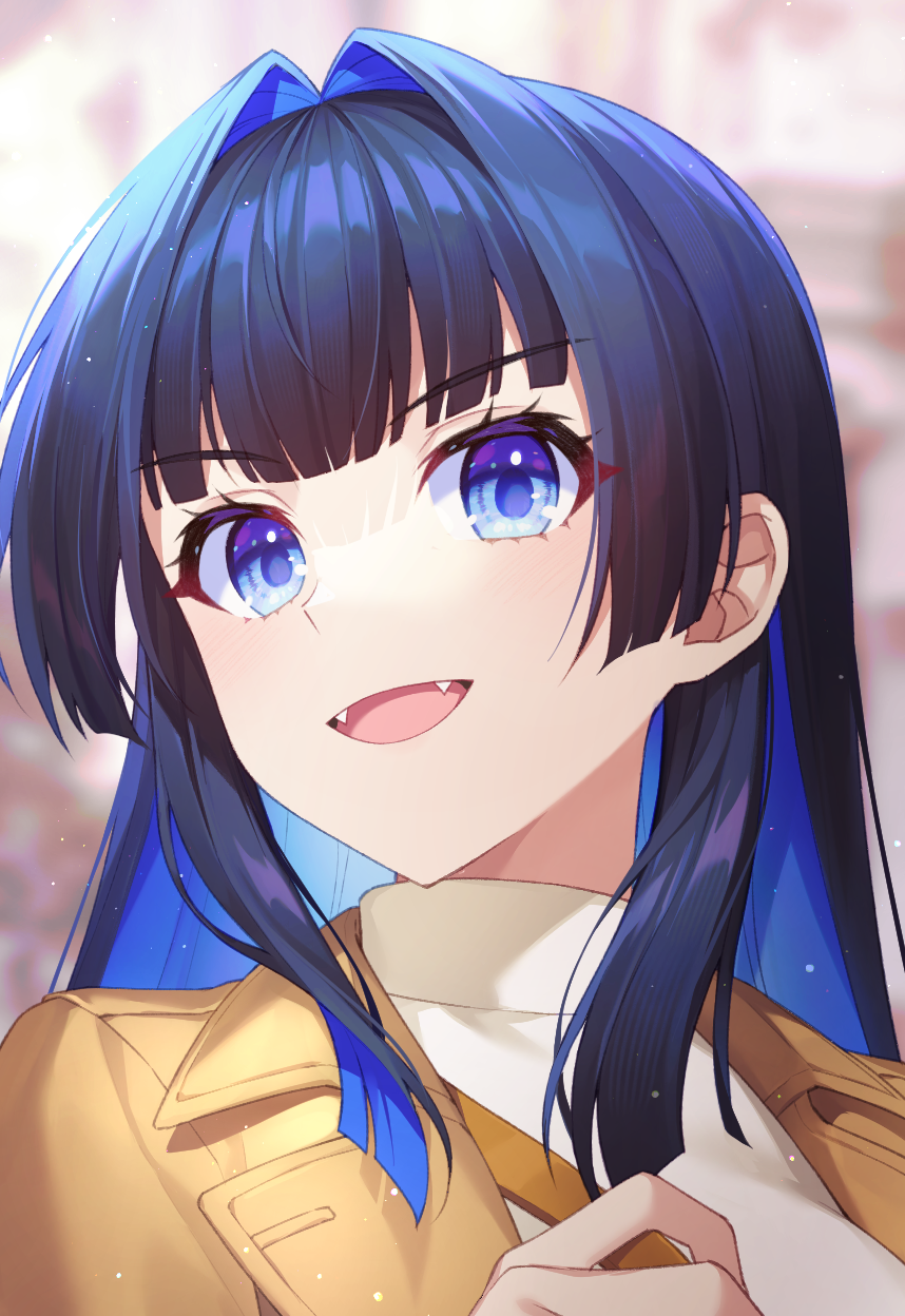 1girl blue_eyes blue_hair blunt_bangs brown_coat coat colored_inner_hair commentary dark_blue_hair fangs hair_intakes highres hololive hololive_english jenevan long_sleeves looking_at_viewer multicolored_hair official_alternate_costume official_alternate_hair_length official_alternate_hairstyle open_mouth ouro_kronii ouro_kronii_(3rd_costume) sidelocks solo trench_coat turtleneck upper_body v-shaped_eyebrows virtual_youtuber
