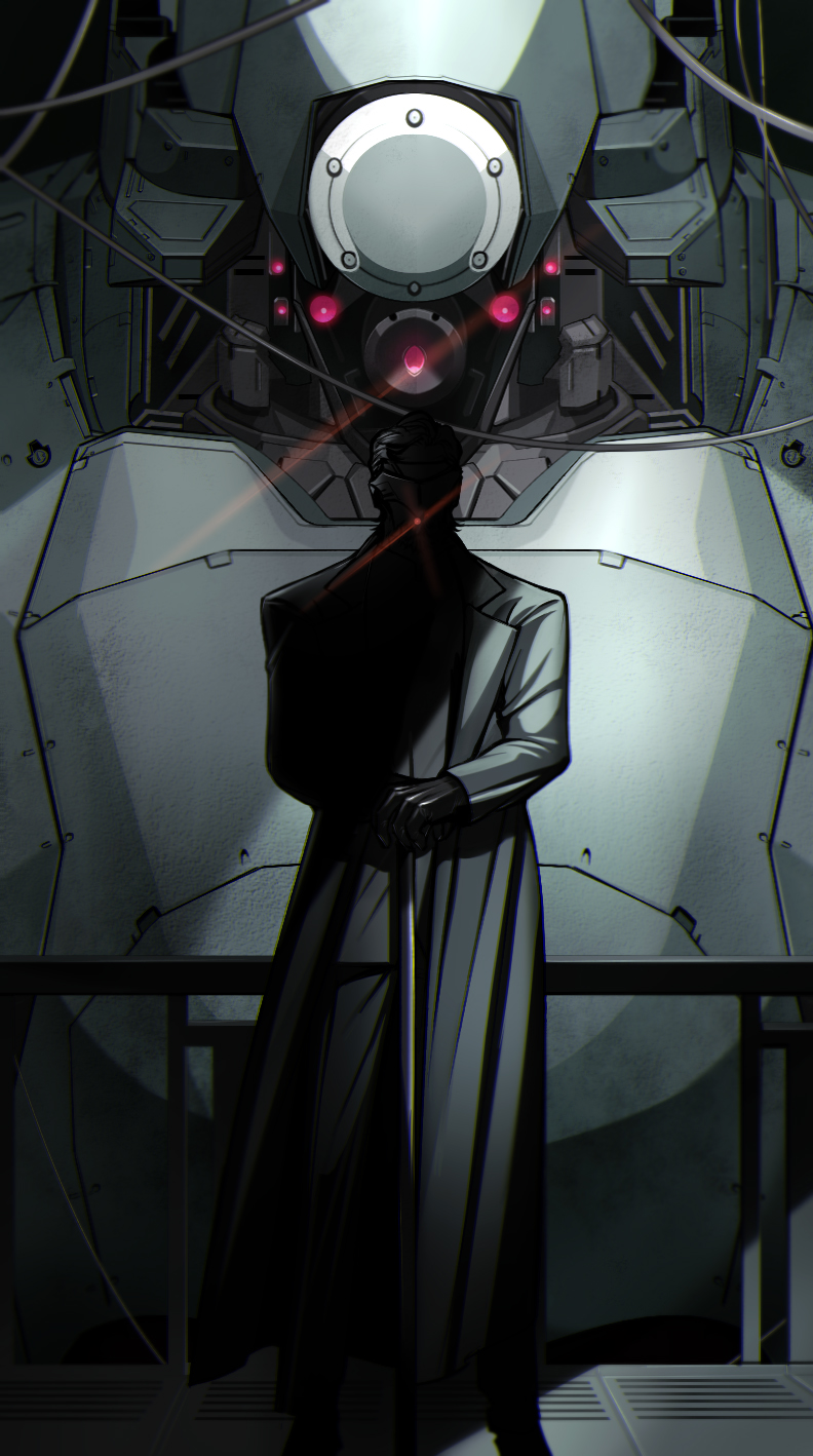 1boy 1other armored_core armored_core_6 black_coat black_gloves cable cane coat extra_eyes face_in_shadow gloves glowing glowing_eyes handler_walter highres holding holding_cane loader_4 masked mecha railing refus robot science_fiction straight-on trench_coat