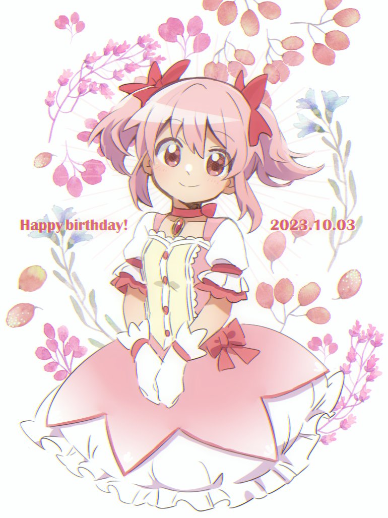 1girl amaiwashi birthday bow bow_choker buttons chest_jewel choker commentary cropped_feet dated dress hair_bow happy_birthday kaname_madoka looking_at_viewer magical_girl mahou_shoujo_madoka_magica petticoat pink_bow pink_dress pink_eyes pink_gemstone pink_hair puffy_short_sleeves puffy_sleeves red_choker short_dress short_hair short_sleeves smile solo twintails white_sleeves