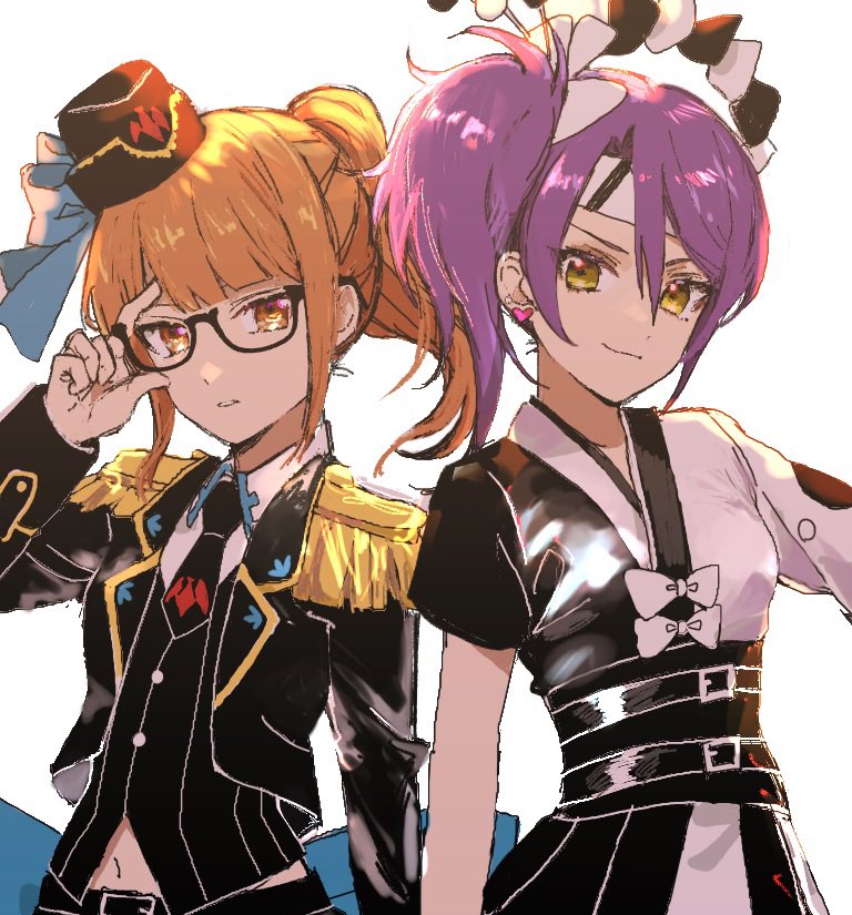 2girls adjusting_eyewear belt black_belt black_headwear black_jacket black_necktie black_vest blue_bow blunt_bangs bow brown_hair closed_mouth clothing_cutout collared_shirt commentary_request cropped_jacket earrings epaulettes glasses hair_bow hand_on_eyewear hand_up hat jacket japanese_clothes jewelry kimono long_hair long_sleeves looking_at_viewer minami_mirei multiple_girls necktie pretty_(series) pripara purple_hair shimotsuki_(sweets_shi705) shirt short_sleeves side_ponytail simple_background smile stomach_cutout toudou_shion vest white_background white_bow white_shirt yellow_eyes