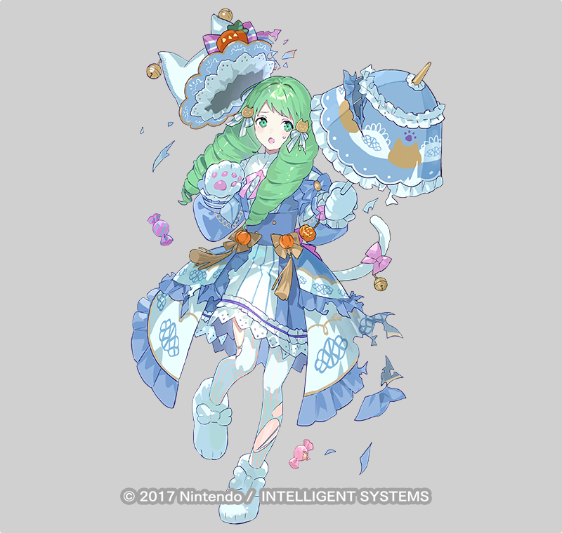 animal_ears animal_hands blue_dress bow cat_ears cat_paws cat_tail dress drill_hair fake_animal_ears fake_tail fire_emblem fire_emblem_heroes flayn_(fire_emblem) green_eyes green_hair hair_ornament hairclip halloween halloween_costume jack-o'-lantern official_alternate_costume open_mouth pants pink_bow striped striped_pants tail tobi_(kotetsu) torn_clothes turtleneck umbrella vertical-striped_pants vertical_stripes