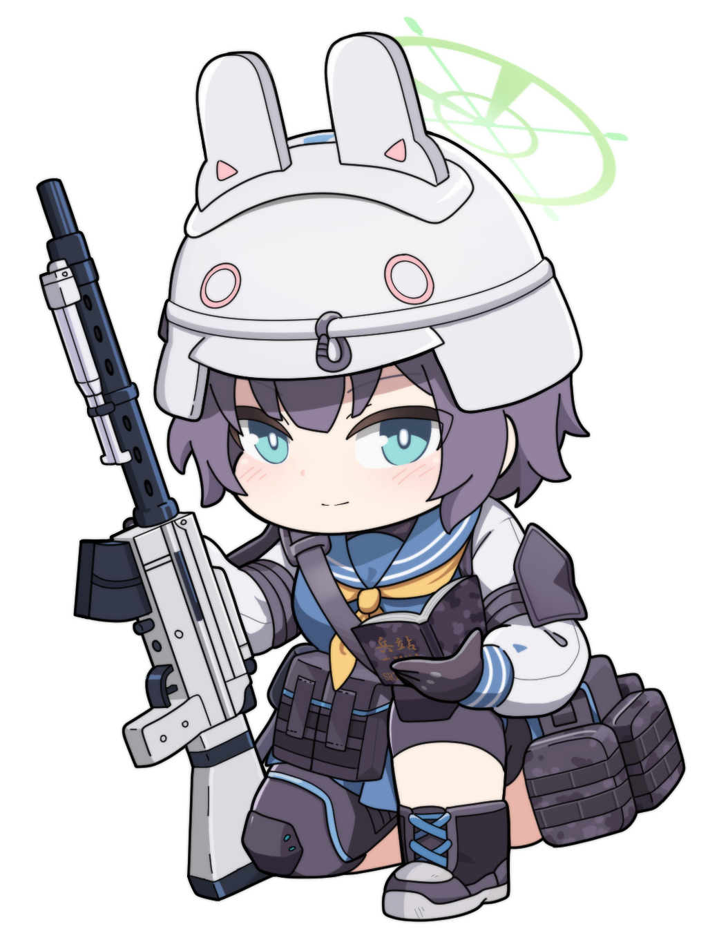 1girl black_footwear black_gloves blue_archive blue_eyes blue_sailor_collar blue_serafuku blue_shirt blue_skirt blush book chibi closed_mouth commentary_request full_body gloves grey_headwear gun halo headgear helmet highres holding holding_book holding_gun holding_weapon knee_pads lahti-saloranta_m/26 long_sleeves looking_at_viewer nyaru_(nyaru_4126) on_one_knee open_book pleated_skirt puffy_long_sleeves puffy_sleeves sailor_collar saki_(blue_archive) school_uniform serafuku shirt shoes simple_background skirt smile solo weapon white_background