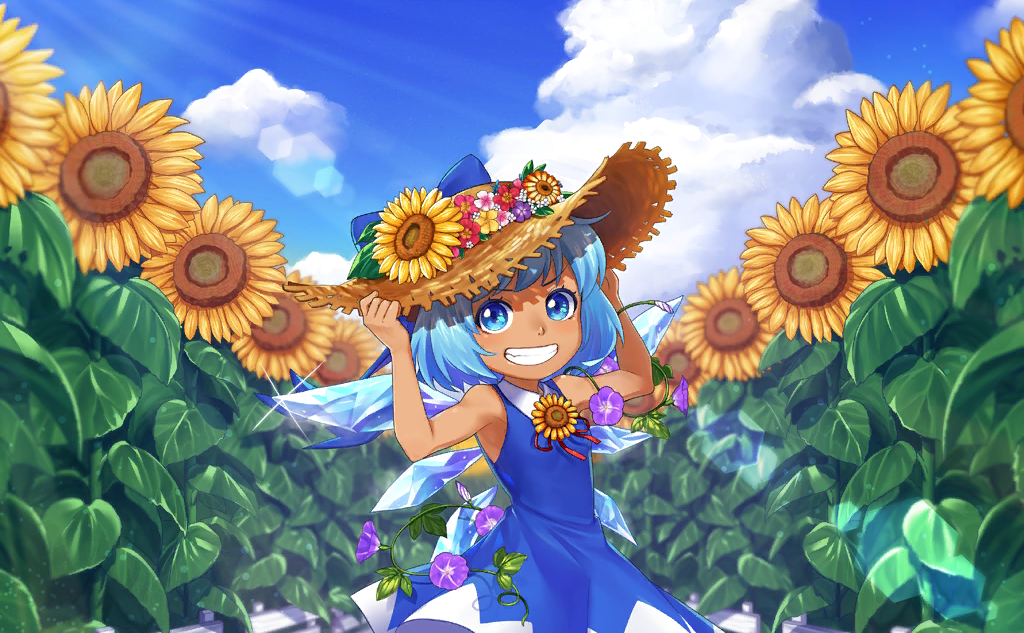 1girl blue_bow blue_dress blue_eyes blue_hair blue_sky bow bowtie brown_headwear cirno clouds collar collared_dress colored_eyelashes dress fairy fairy_wings field flower flower_brooch flower_field game_cg hands_on_headwear hat hat_bow hat_flower ice ice_wings leaf looking_at_viewer merengue_samurai official_art open_mouth outdoors plant purple_flower red_bow red_bowtie red_flower short_dress short_hair sky sleeveless sleeveless_dress smile solo summer sun_hat sunflower sunflower_field sunlight tan tanned_cirno teeth touhou touhou_cannonball triangle_print v-shaped_eyebrows vines white_collar white_flower white_trim wings yellow_flower