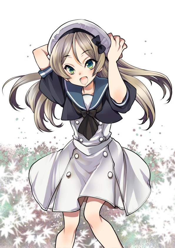 1girl :d black_jacket black_neckerchief blonde_hair blue_sailor_collar buttons double-breasted dress feet_out_of_frame green_eyes hat jacket javelin_(kancolle) kagesaki_yuna kantai_collection long_hair looking_at_viewer neckerchief parted_bangs puffy_short_sleeves puffy_sleeves sailor_collar sailor_hat short_sleeves smile solo white_dress white_headwear