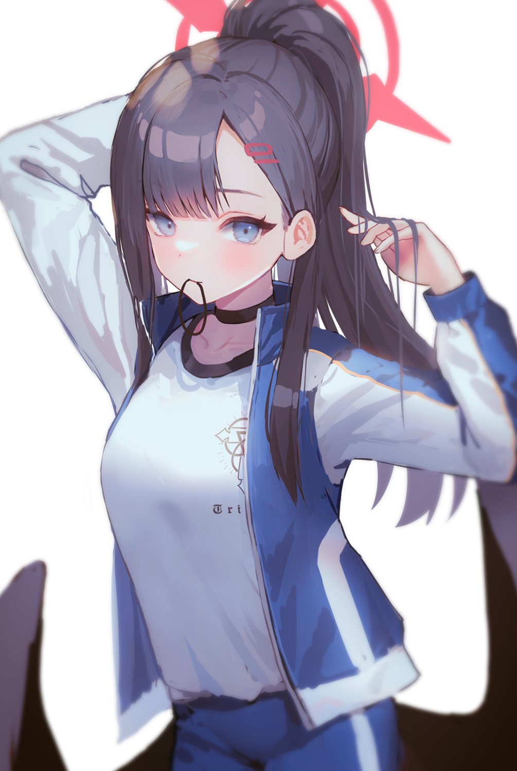 1girl adjusting_hair black_choker black_hair black_wings blue_archive blue_eyes choker gym_shirt hair_ornament hairclip halo hanato_(seonoaiko) highres ichika_(blue_archive) long_hair long_sleeves looking_at_viewer low_twintails mouth_hold red_halo shirt simple_background solo twintails white_background wings