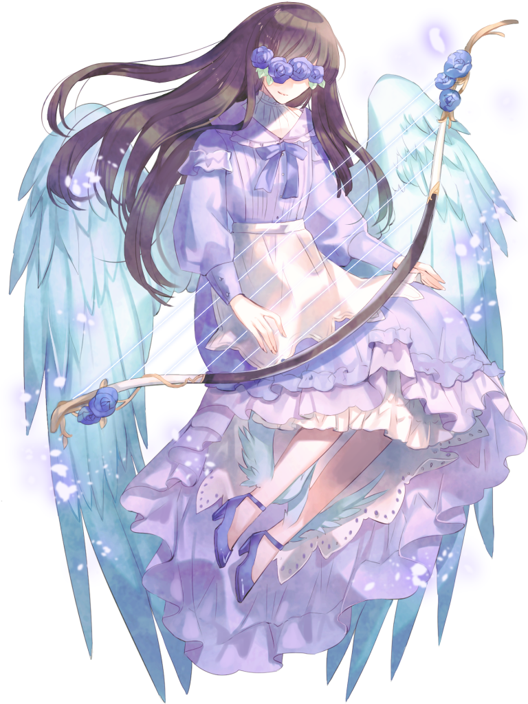 1girl angel_wings blindfold bow_(weapon) brown_hair chain_paradox dress feathered_wings full_body high_heels long_sleeves purple_dress solo togenatsu weapon wings