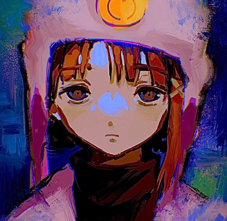 1girl amn_(a0ko1) blue_background brown_eyes brown_hair closed_mouth expressionless hair_ornament hat iwakura_lain jacket looking_at_viewer pink_headwear pink_jacket portrait sad serial_experiments_lain solo watercolor_effect