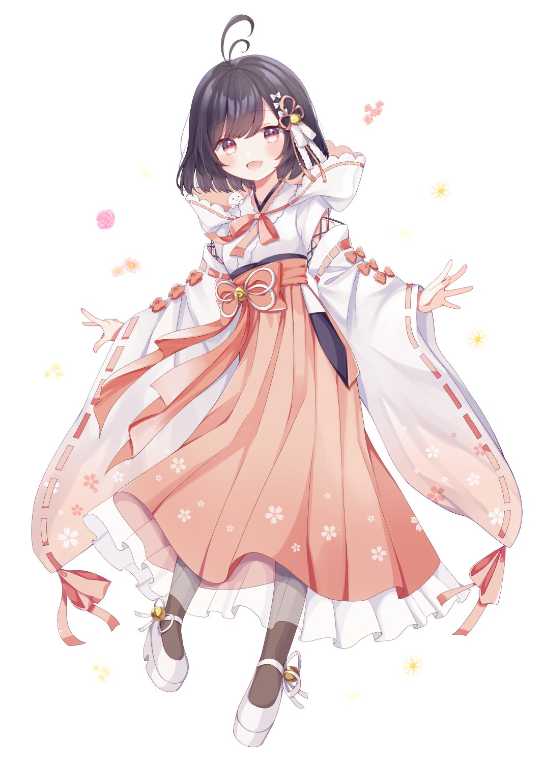 1girl antenna_hair arms_at_sides black_hair blush breasts character_request commentary_request copyright_request detached_sleeves full_body gomano_rio grey_eyes hair_ornament highres long_sleeves medium_hair nontraditional_miko ribbon small_breasts solo standing white_background
