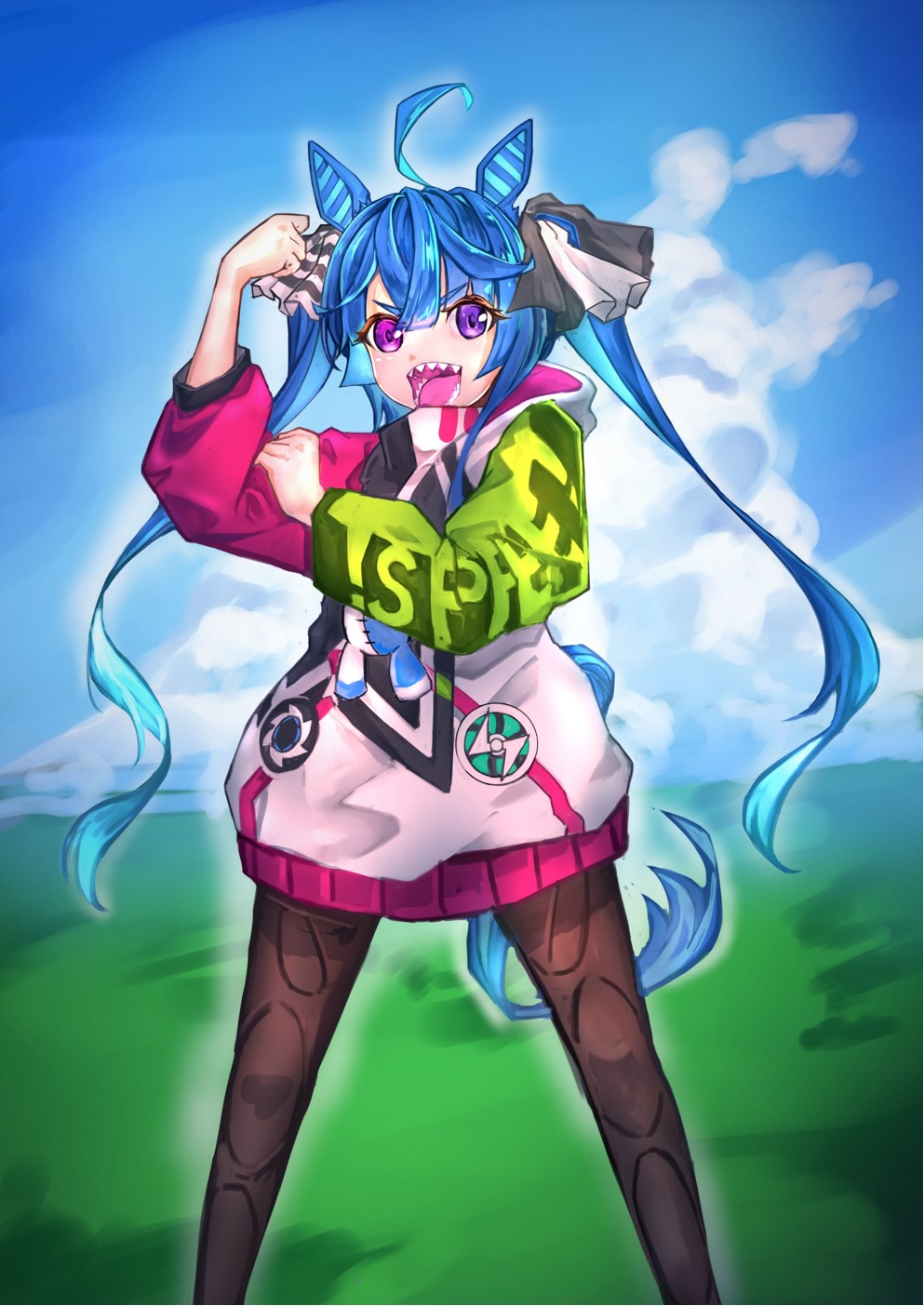 1girl :d ahoge animal_ears aqua_hair black_bodysuit black_ribbon blue_eyes blue_hair blue_sky bodysuit clenched_hand clothes_writing clouds cloudy_sky commentary crossed_bangs day flexing hair_ribbon hand_on_own_ass heterochromia highres hood hood_down hooded_coat horizon horse_ears horse_girl horse_tail kurutta_macho_boy long_hair long_sleeves looking_at_viewer multicolored_coat multicolored_hair open_mouth outdoors ribbon sharp_teeth sky smile solo standing star_(symbol) star_print stuffed_animal stuffed_rabbit stuffed_toy tail teeth twin_turbo_(umamusume) twintails two-tone_hair umamusume very_long_hair violet_eyes