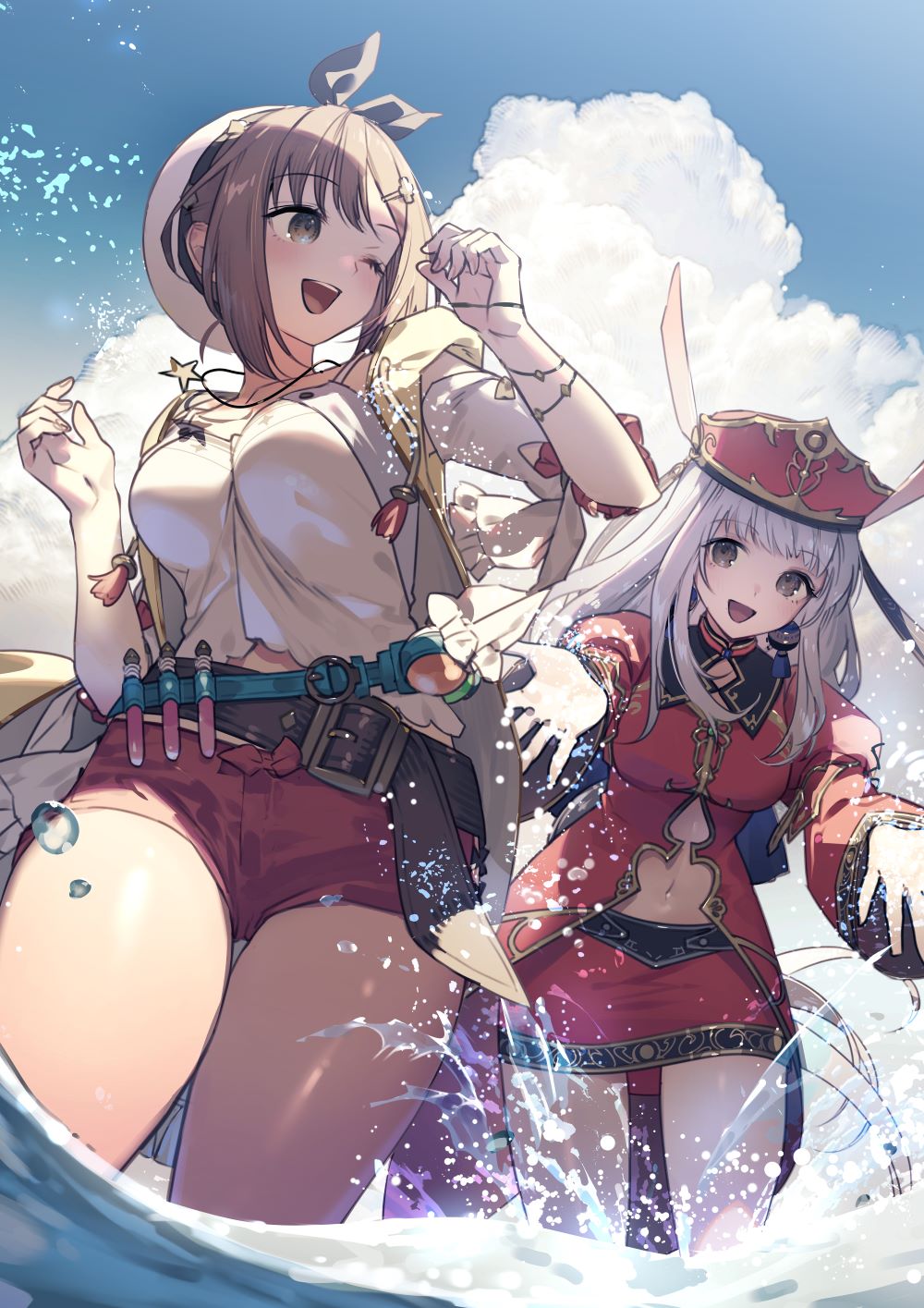 2girls atelier_(series) atelier_judie atelier_resleriana atelier_ryza atelier_ryza_1 belt bracelet brown_belt brown_hair flask grey_hair hands_up headdress highres in-franchise_crossover jacket jewelry judith_volltone leather_belt long_hair medium_hair midriff miniskirt multiple_girls necklace official_art one_eye_closed open_mouth outdoors red_shorts reisalin_stout round-bottom_flask short_shorts shorts skirt sleeveless sleeveless_jacket smile splashing star_(symbol) star_necklace turtleneck umiu_geso very_long_hair vial wading water white_headwear wide_sleeves yellow_jacket