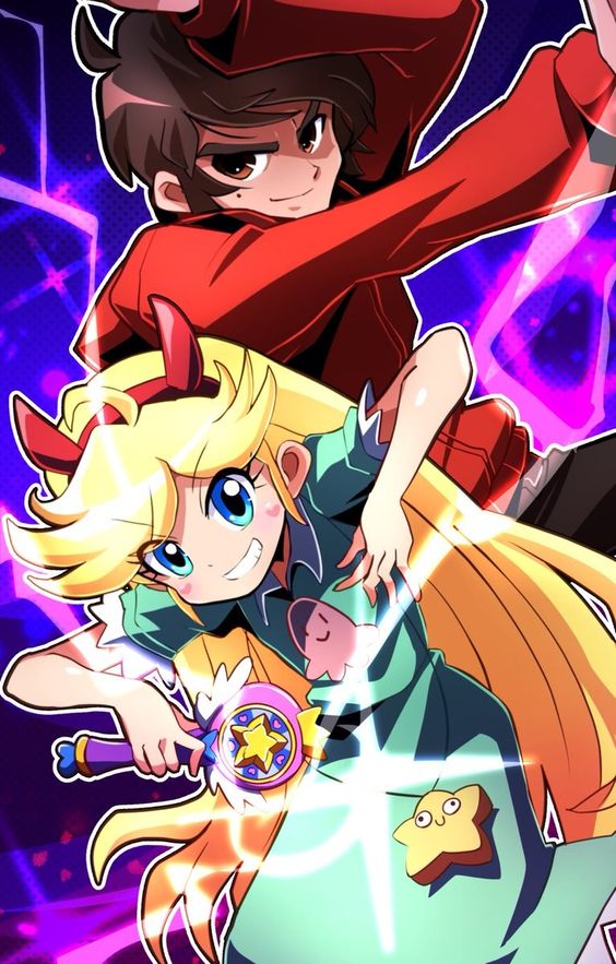 1boy 1girl blonde_hair blue_eyes brown_eyes brown_hair couple female horns magic_wand male marco_diaz star_butterfly star_vs_the_forces_of_evil