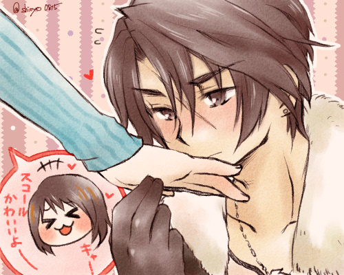 &gt;_&lt; 1boy 1girl :3 black_gloves black_jacket blush brown_eyes brown_hair chibi chibi_inset closed_eyes collarbone commentary_request couple cropped_head earrings final_fantasy final_fantasy_viii flying_sweatdrops fur-trimmed_jacket fur_trim gloves hair_between_eyes heart holding_hands jacket jewelry kiss kissing_hand long_hair lowres male_focus necklace rinoa_heartilly scar scar_on_face scar_on_forehead short_hair sobagaki_shinyo speech_bubble squall_leonhart stud_earrings translation_request twitter_username upper_body