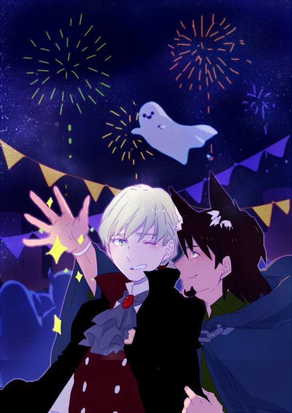 2boys animal_ear_fluff animal_ears ascot barnaby_brooks_jr. beard black_cape blonde_hair blue_cloak blue_eyes bracelet brown_hair buttons cape chain cloak closed_mouth collared_cape collared_shirt commentary_request facial_hair fireworks garland_(decoration) gem ghost green_shirt halloween halloween_costume hanada_hyou hand_on_another's_arm high_collar hood hood_down hooded_cloak jewelry kaburagi_t._kotetsu long_sleeves male_focus multiple_boys night night_sky one_eye_closed open_mouth outdoors outstretched_arm people purple_ascot red_cape red_gemstone red_vest shirt short_hair sky smile sparkle teeth tiger_&amp;_bunny two-sided_cape two-sided_fabric upper_body vest white_shirt wide_sleeves wolf_ears