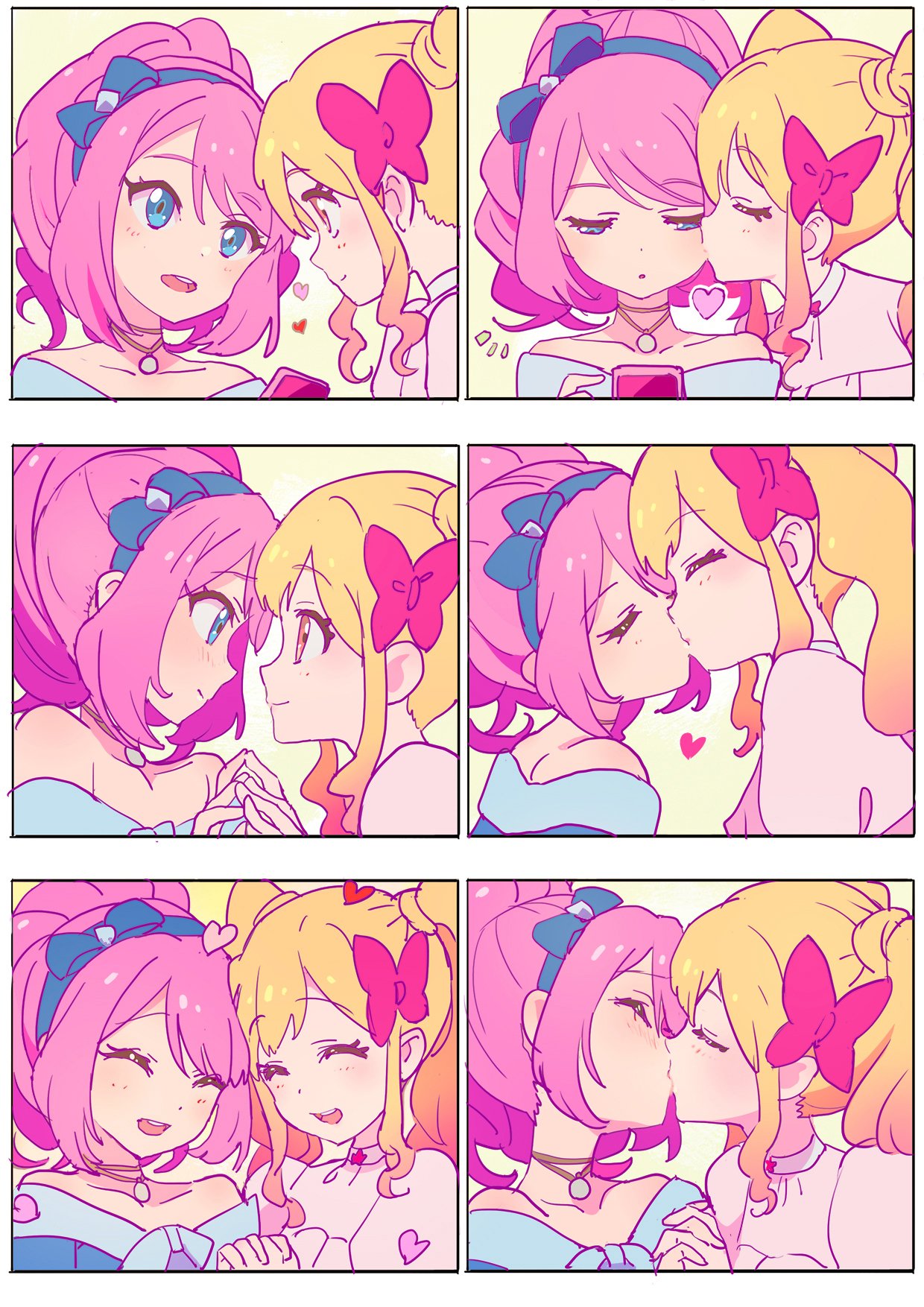 2girls ^_^ aikatsu!_(series) aikatsu_stars! bare_shoulders blonde_hair blue_bow blue_eyes blue_hairband blush bow closed_eyes closed_mouth commentary_request daisuki_(piroshikis1) eye_contact gradient_hair hair_bow hairband half-closed_eyes heads_together heart highres jewelry kiss kiss_day kissing_cheek long_hair looking_at_another multicolored_hair multiple_girls multiple_views necklace nijino_yume notice_lines open_mouth pink_hair ponytail profile red_bow sakuraba_rola sequential sidelocks smile twintails upper_body white_background yuri