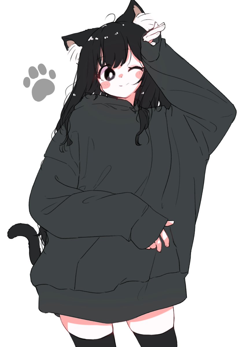 ahoge animal_ears black_eyes black_hair black_hoodie black_shorts blush cat_ears cat_girl cat_tail commentary_request eyelashes hand_on_own_head hood hoodie light_smile long_hair looking_at_viewer megateru messy_hair one_eye_closed original oversized_clothes shorts simple_background skindentation sleeves_past_wrists smile tail tareme thigh-highs very_long_hair white_background