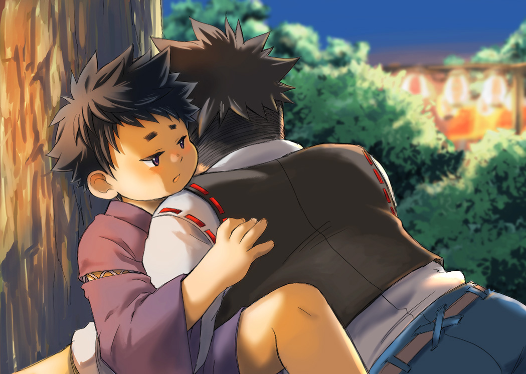 2boys age_difference black_hair blurry blurry_background brown_hair character_request commentary_request denim evening half-closed_eyes hug japanese_clothes jeans kimoto_hajime long_sleeves male_focus multiple_boys onii-shota outdoors pants tamacolle tree