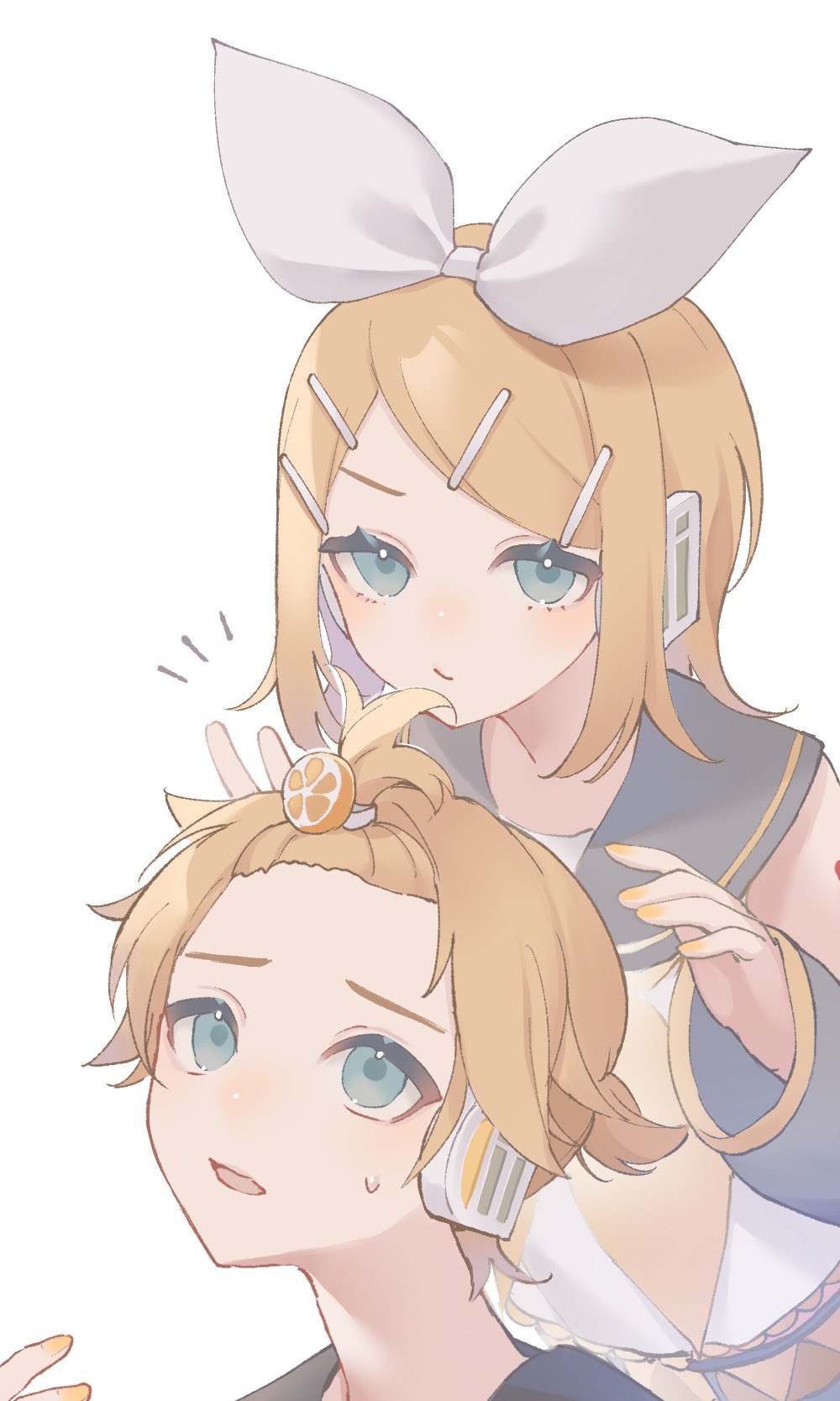 1boy 1girl aqua_eyes bare_shoulders blonde_girl_(sumiyao) blonde_hair bow brother_and_sister detached_sleeves food food-themed_hair_ornament fruit hair_bobbles hair_bow hair_ornament hairclip half-closed_eyes headphones headset highres kagamine_len kagamine_rin looking_up neckerchief open_mouth orange_(fruit) orange_hair_ornament playing_with_another's_hair sailor_collar serious shirt short_hair short_ponytail shorts siblings sleeveless sleeveless_shirt sumire_rin surprised sweatdrop twins vocaloid white_bow worried yellow_nails yellow_neckerchief