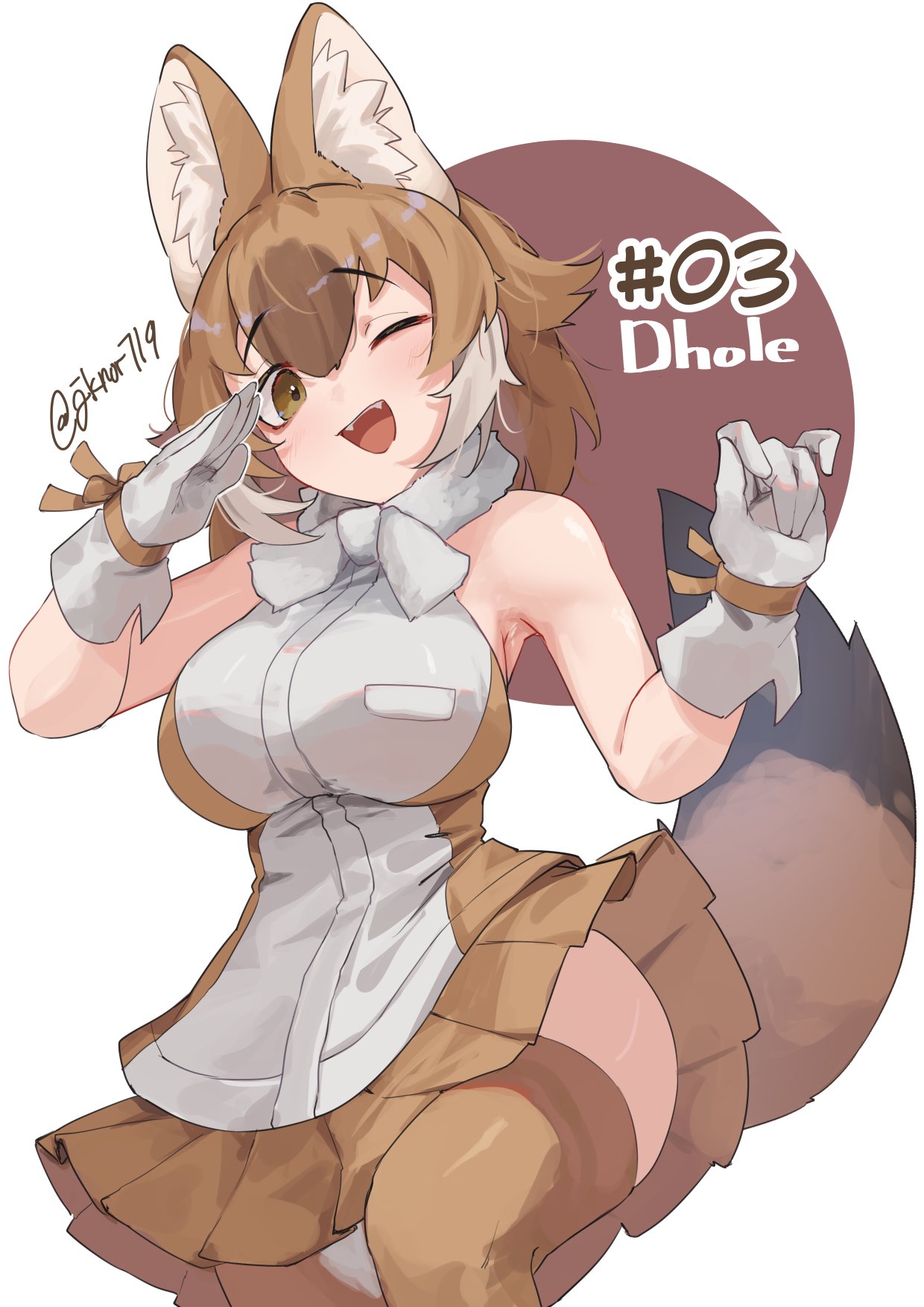 1girl animal_ears bare_shoulders blush brown_eyes brown_hair brown_shirt brown_skirt brown_thighhighs dhole_(kemono_friends) dog_ears dog_girl dog_tail fangs gloves highres kemono_friends light_brown_hair looking_at_viewer multicolored_hair noor7 one_eye_closed open_mouth pleated_skirt salute shirt short_hair skirt sleeveless solo tail thigh-highs two-tone_shirt white_gloves white_hair white_shirt zettai_ryouiki