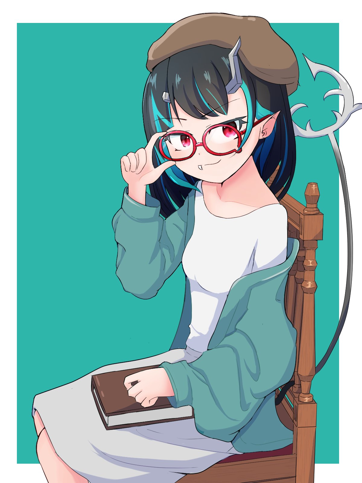 1girl adjusting_eyewear alternate_costume beret bespectacled black_hair blue_background blue_hair blue_jacket book breasts brown_headwear chair closed_mouth commentary_request demon_girl demon_horns demon_tail dress fang feet_out_of_frame glasses hat highres horns jacket looking_at_viewer medium_bangs medium_hair multicolored_hair nanashi_inc. open_clothes open_jacket pointy_ears red-framed_eyewear red_eyes rokusuke_nonaka shishio_chris simple_background sitting small_breasts smile solo tail two-tone_background two-tone_hair virtual_youtuber white_background white_dress