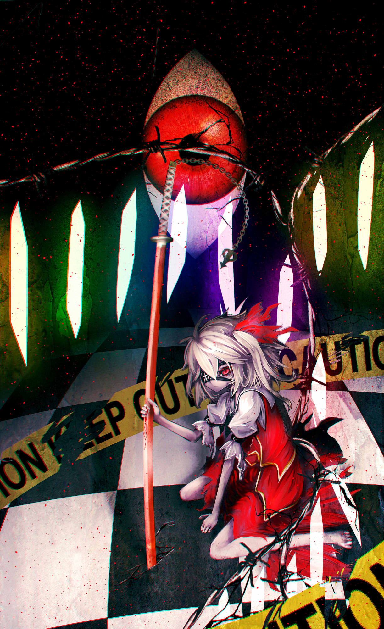 1girl barefoot black_background blonde_hair caution_tape chain checkered_floor closed_mouth collared_shirt commentary_request crystal denpa_rasaito eyepatch flandre_scarlet frown full_body hair_between_eyes hair_ribbon highres katana keep_out long_bangs long_hair no_headwear one_side_up planted planted_sword red_eyes red_ribbon red_skirt red_vest ribbon shirt sitting skirt skirt_set solo sword touhou vest wariza weapon white_shirt wings