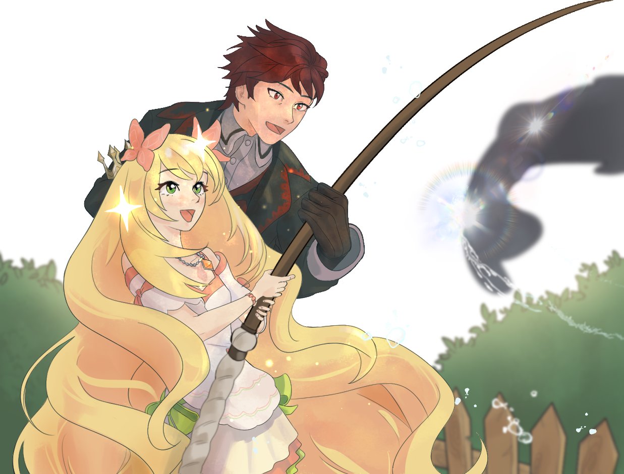 1boy 1girl :d black_jacket bow butterfly_hair_ornament celine_(fire_emblem) commentary_request crown diamant_(fire_emblem) dress dress_bow eyelashes fire_emblem fire_emblem_engage fish fishing fishing_rod gloves green_bow green_eyes hair_ornament holding holding_crown holding_fishing_rod jacket jewelry korean_commentary long_hair mixed-language_commentary necklace official_alternate_costume open_mouth red_eyes redhead short_hair smile uh_ahk very_long_hair white_dress
